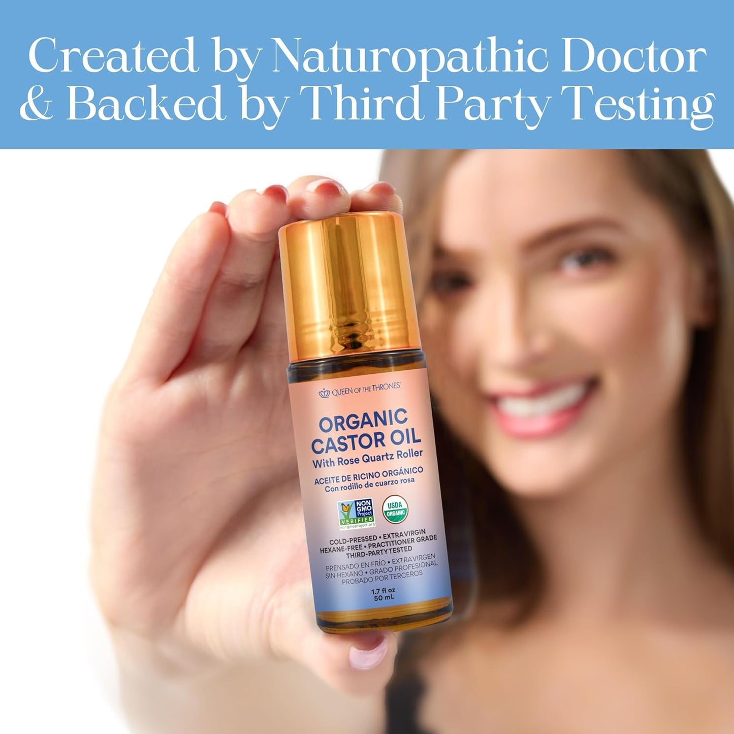 Thicker Brows & Radiant Eyes: Pure Organic Castor Oil with Luxury Rose Quartz Roll-On