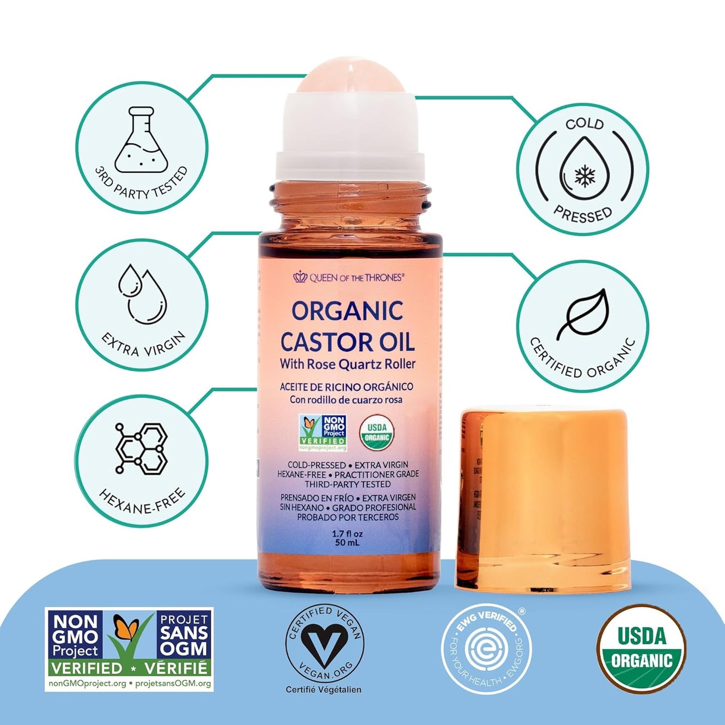 Thicker Brows & Radiant Eyes: Pure Organic Castor Oil with Luxury Rose Quartz Roll-On