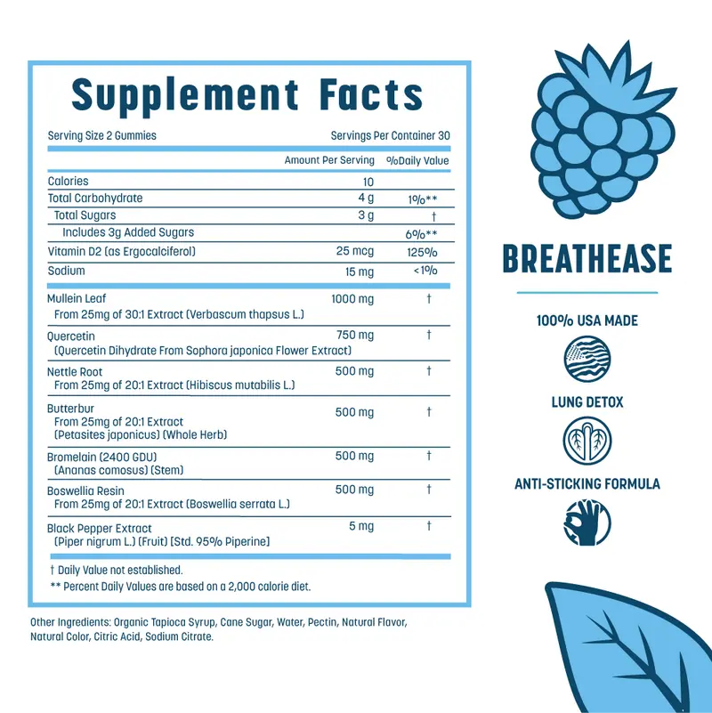 Natural Mullein Leaf & Quercetin Lung Detox Gummies | Advanced Sinus Support & Mucus Clearance Formula
