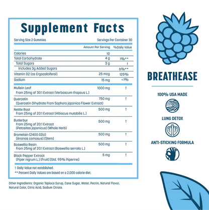 Natural Mullein Leaf & Quercetin Lung Detox Gummies | Advanced Sinus Support & Mucus Clearance Formula