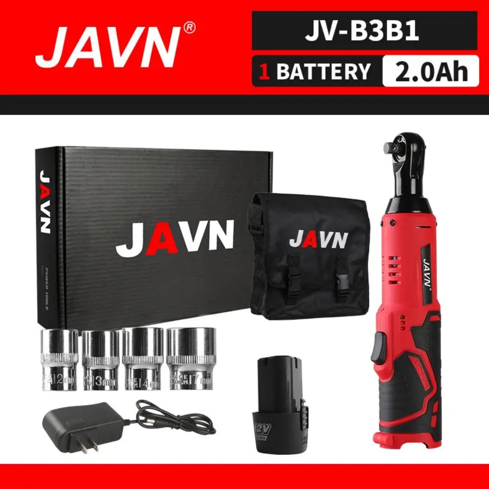 12V Cordless Electric Ratchet Wrench Set, 3/8-Inch 45N.m High Torque Right Angle Tool Kit with 2.0Ah Battery, Charger, Bag and 4 Sockets