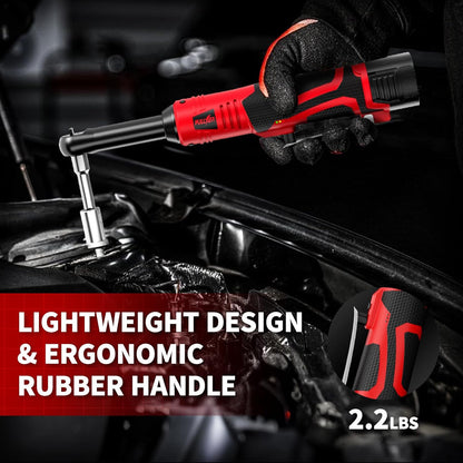 12V Cordless Electric Ratchet Wrench Set, 3/8-Inch 45N.m High Torque Right Angle Tool Kit with 2.0Ah Battery, Charger, Bag and 4 Sockets