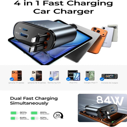 Ultimate 4-in-1 Retractable 84W Fast Car Charger