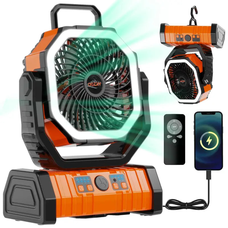 3-in-1 Rechargeable Camping Fan with LED Light & 270° Auto-Oscillating