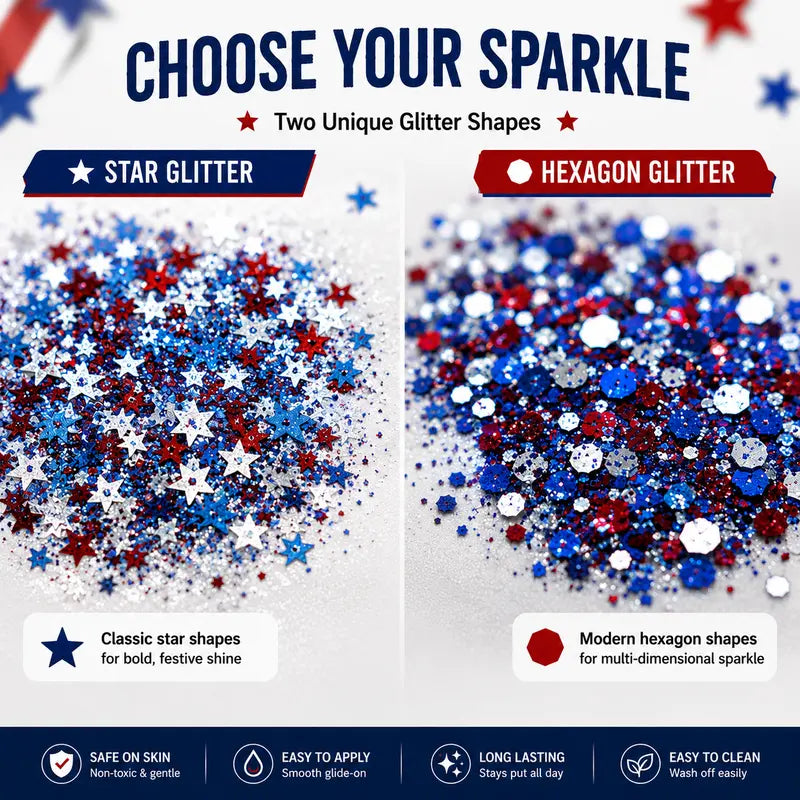 THE ULTIMATE RED, WHITE & BLUE FESTIVE GLITTER STICK. FOR INDEPENDENCE DAY PARTY, FESTIVAL & FUN HOLIDAY LOOK