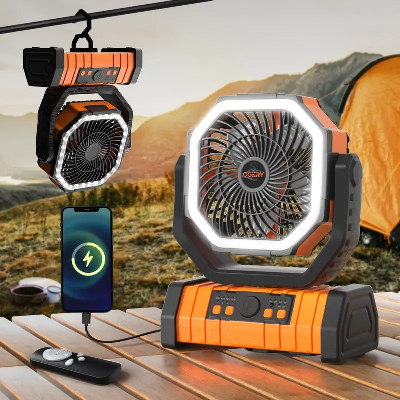 3-in-1 Rechargeable Camping Fan with LED Light & 270° Auto-Oscillating
