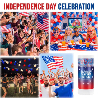 THE ULTIMATE RED, WHITE & BLUE FESTIVE GLITTER STICK. FOR INDEPENDENCE DAY PARTY, FESTIVAL & FUN HOLIDAY LOOK