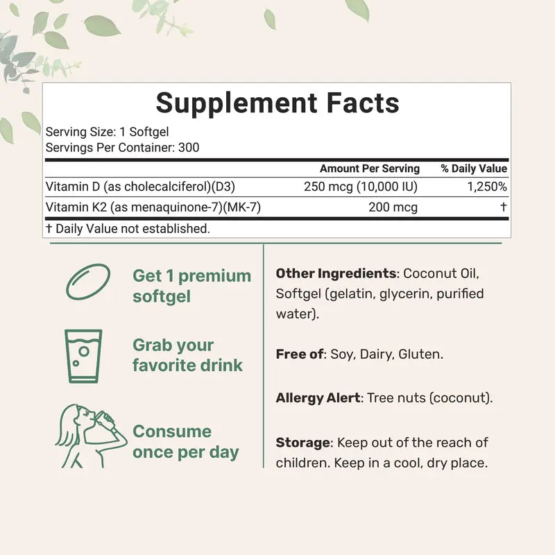 High Absorption Vitamin D3 & K2 Softgels with Coconut Oil