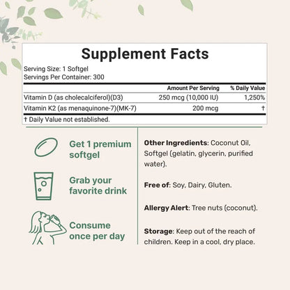 High Absorption Vitamin D3 & K2 Softgels with Coconut Oil