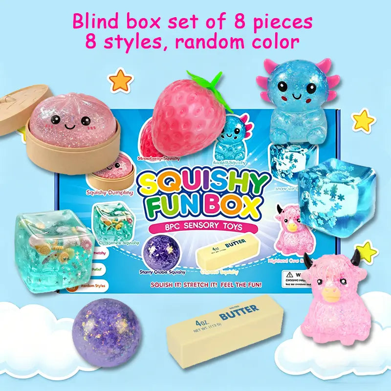 8-Piece Mystery Squishy Box: Super Stretch Sensory Malt Sugar Fidget Toys